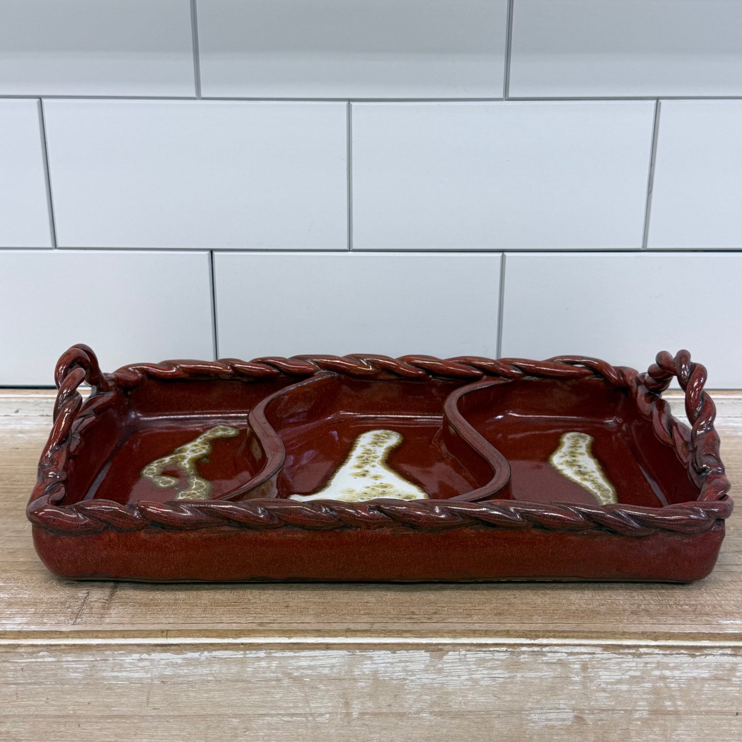 Vintage Studio Art Pottery Divided Serving Tray Signed Stoneware
