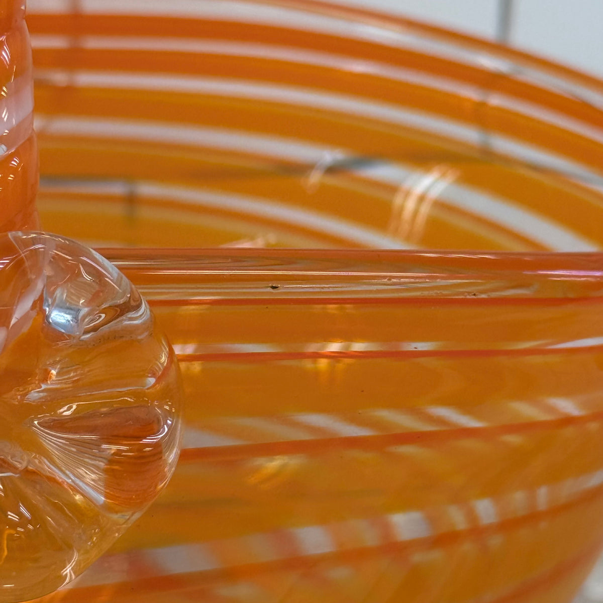 Orange Spiral Hand Blown Art Glass Basket with Handle