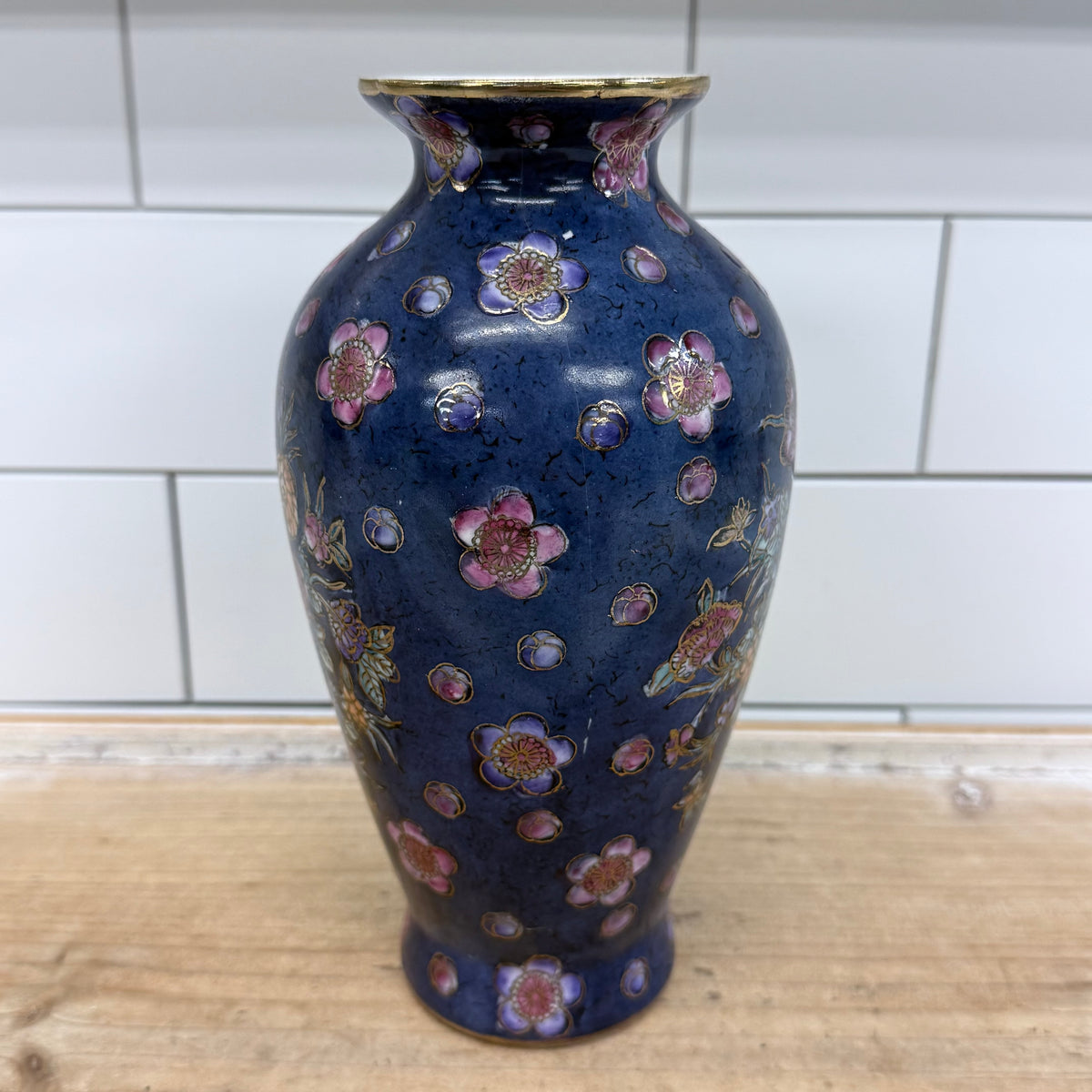 Cobalt Blue Floral Porcelain Vase Gold Trim Chinoiserie