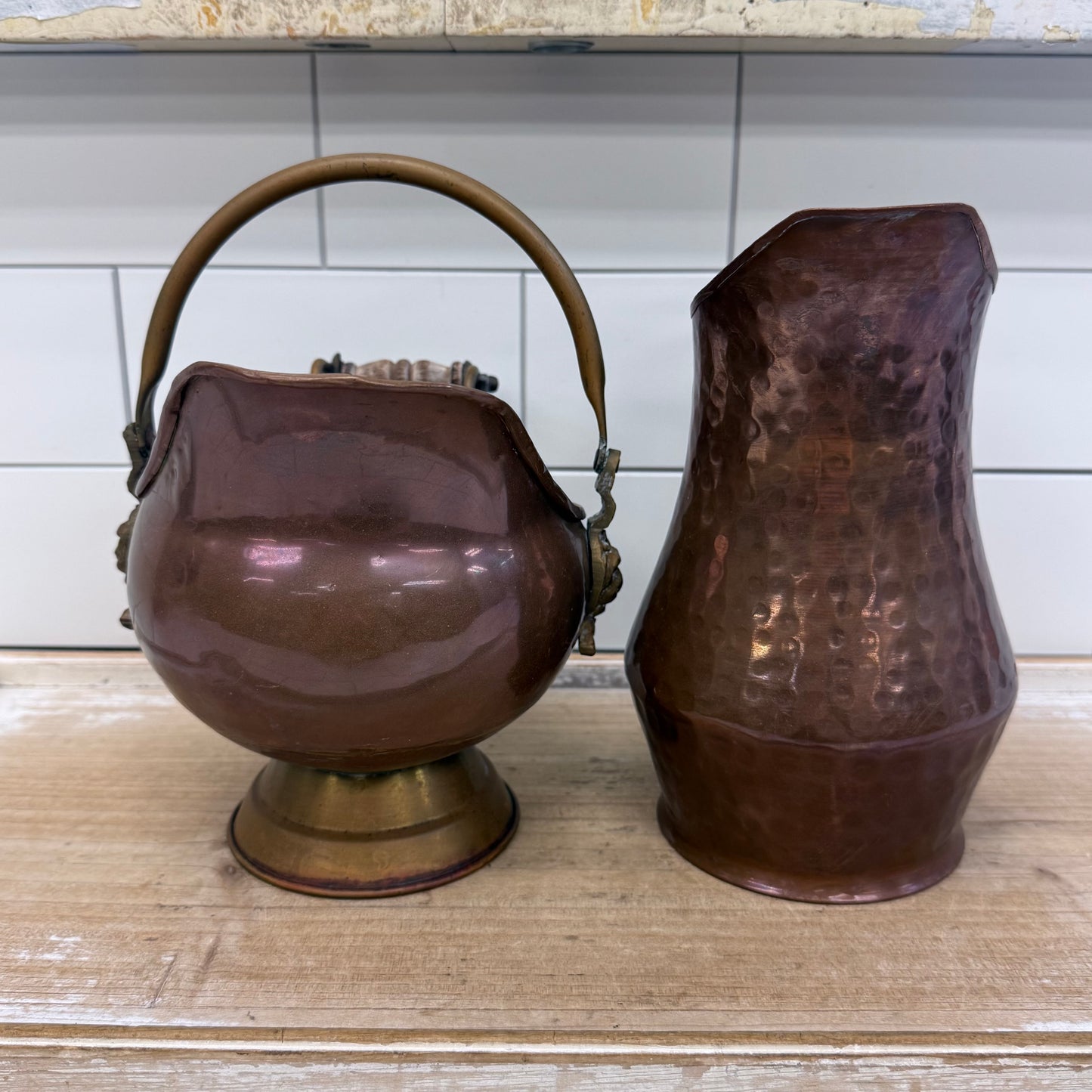 Copper Coal Scuttle & Hammered Pitcher Decor Set