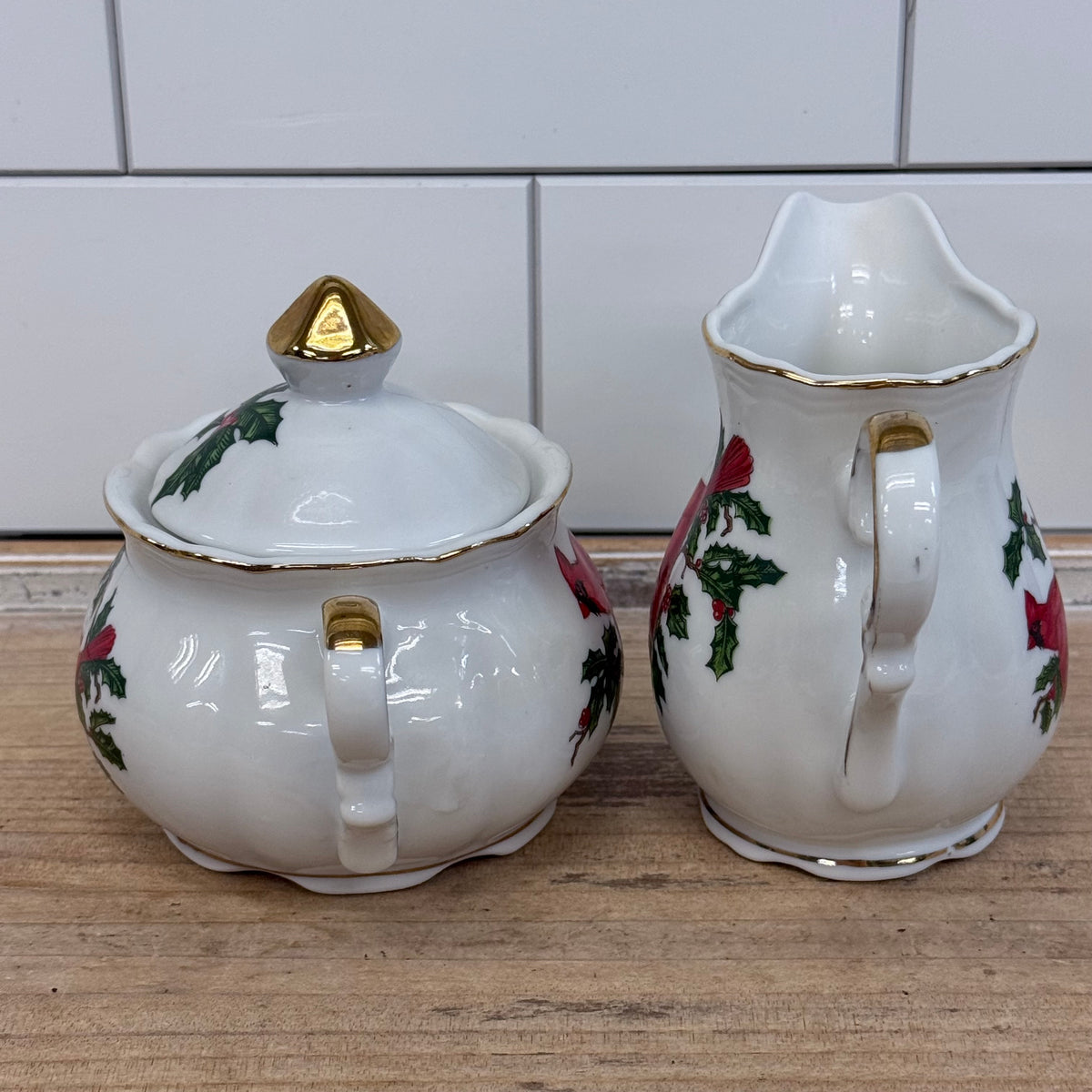 Lefton Cardinal Holly Creamer & Sugar Bowl Christmas