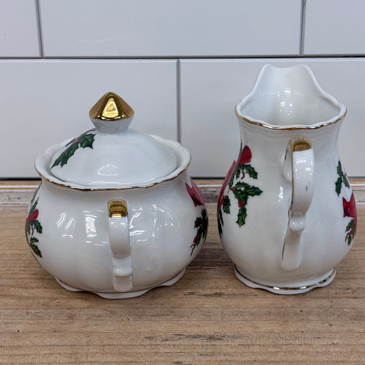 Lefton Cardinal Holly Creamer & Sugar Bowl Christmas