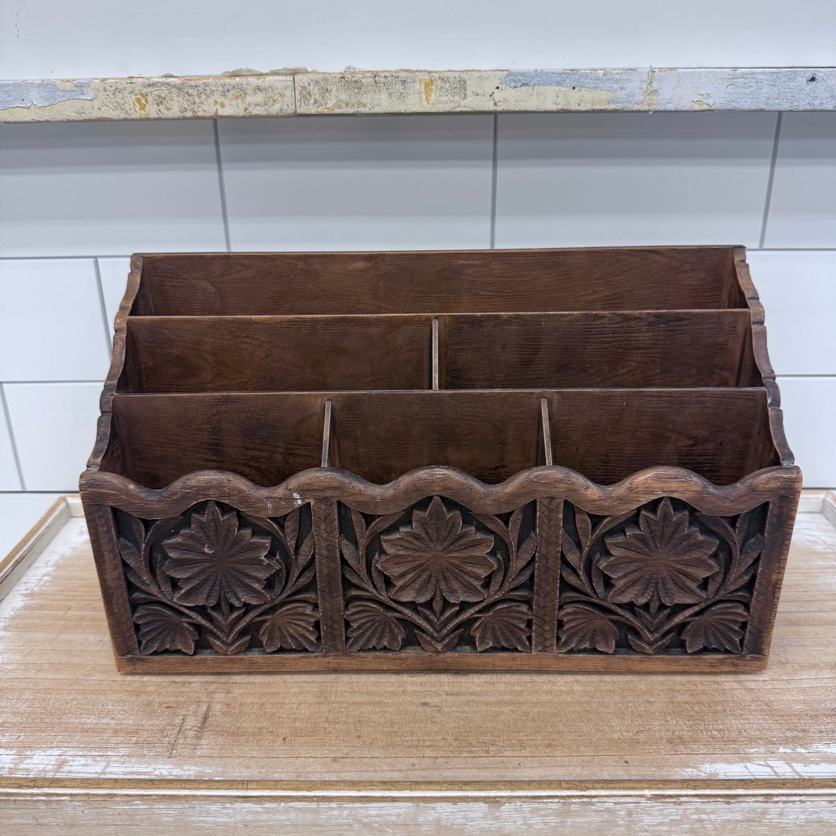 Vintage Lerner Carved Wood Floral Letter Mail Desk Organizer