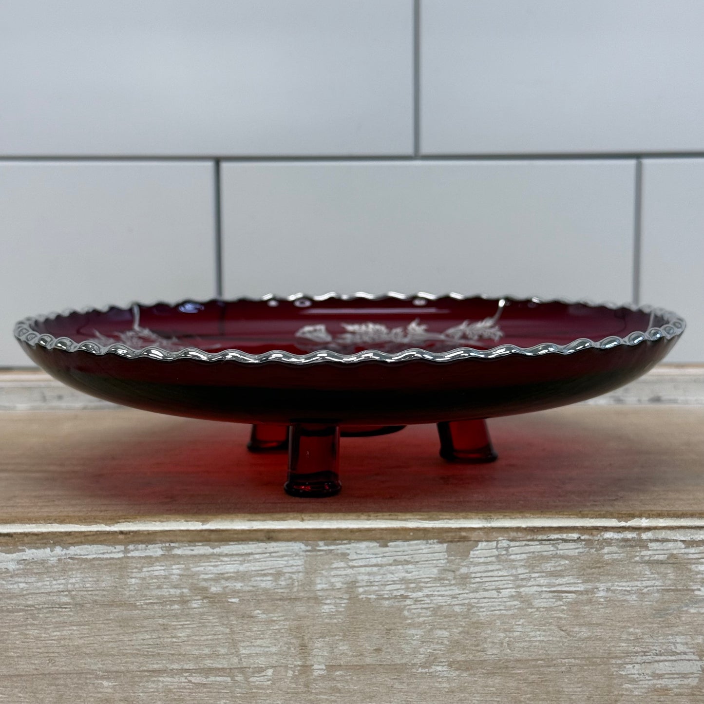 Ruby Red Glass Centerpiece Silver Overlay Bowl Decor