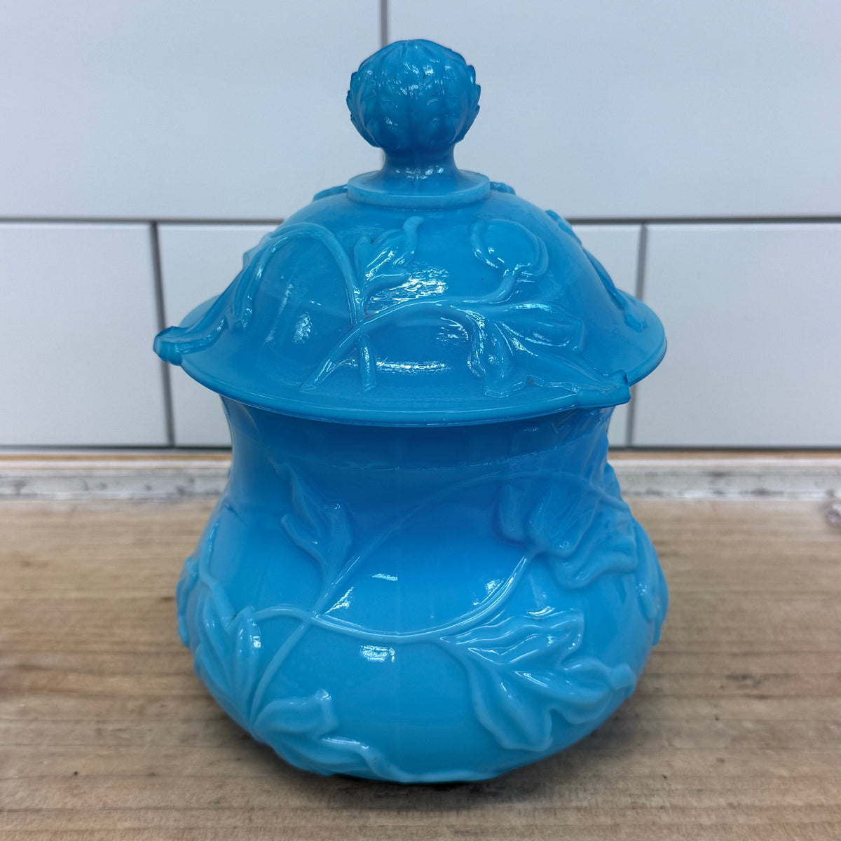 Blue Opal Glass Floral Jar Antique 1880s–1890s
