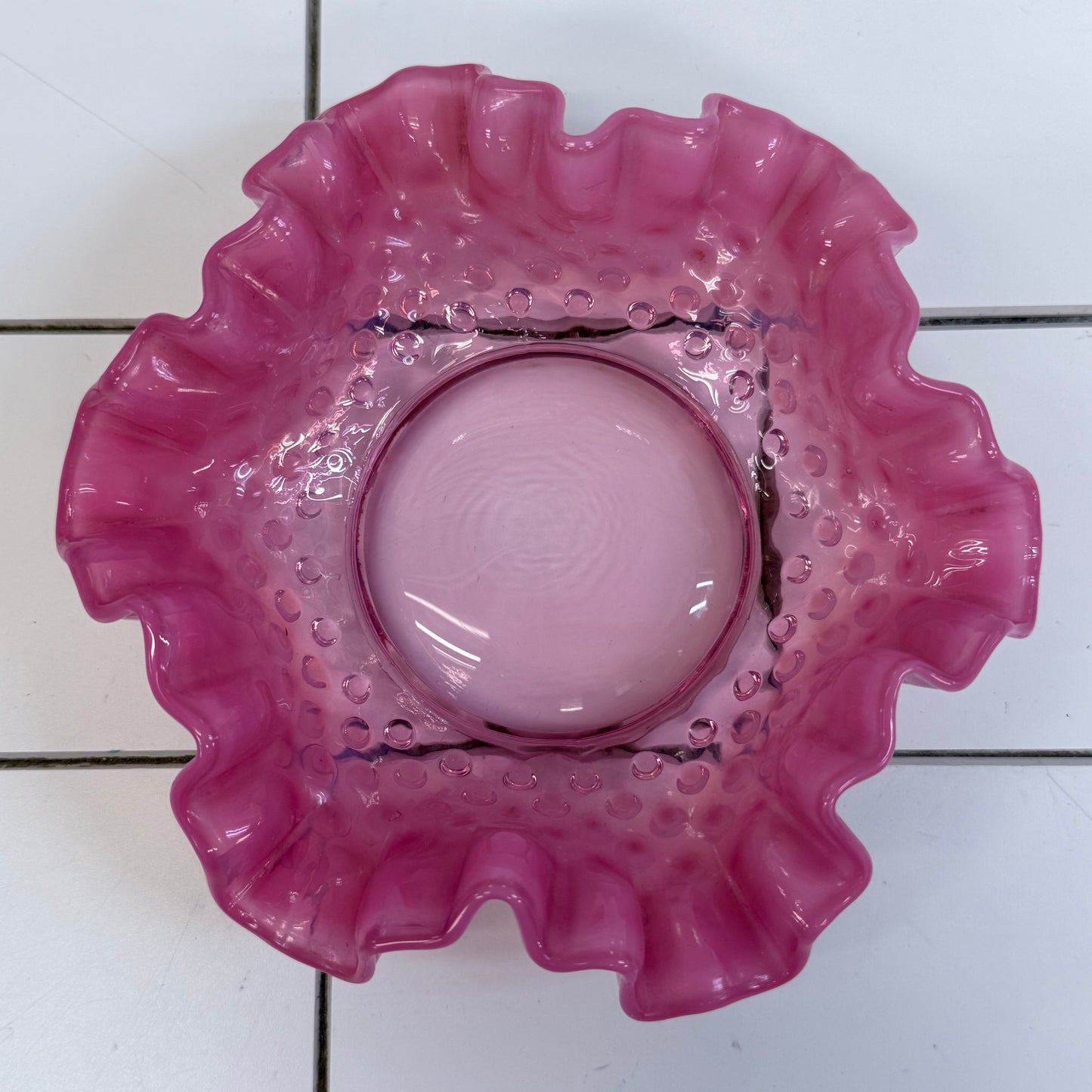 Fenton Cranberry Opalescent Hobnail Ruffled Candy Dish 6 Inch