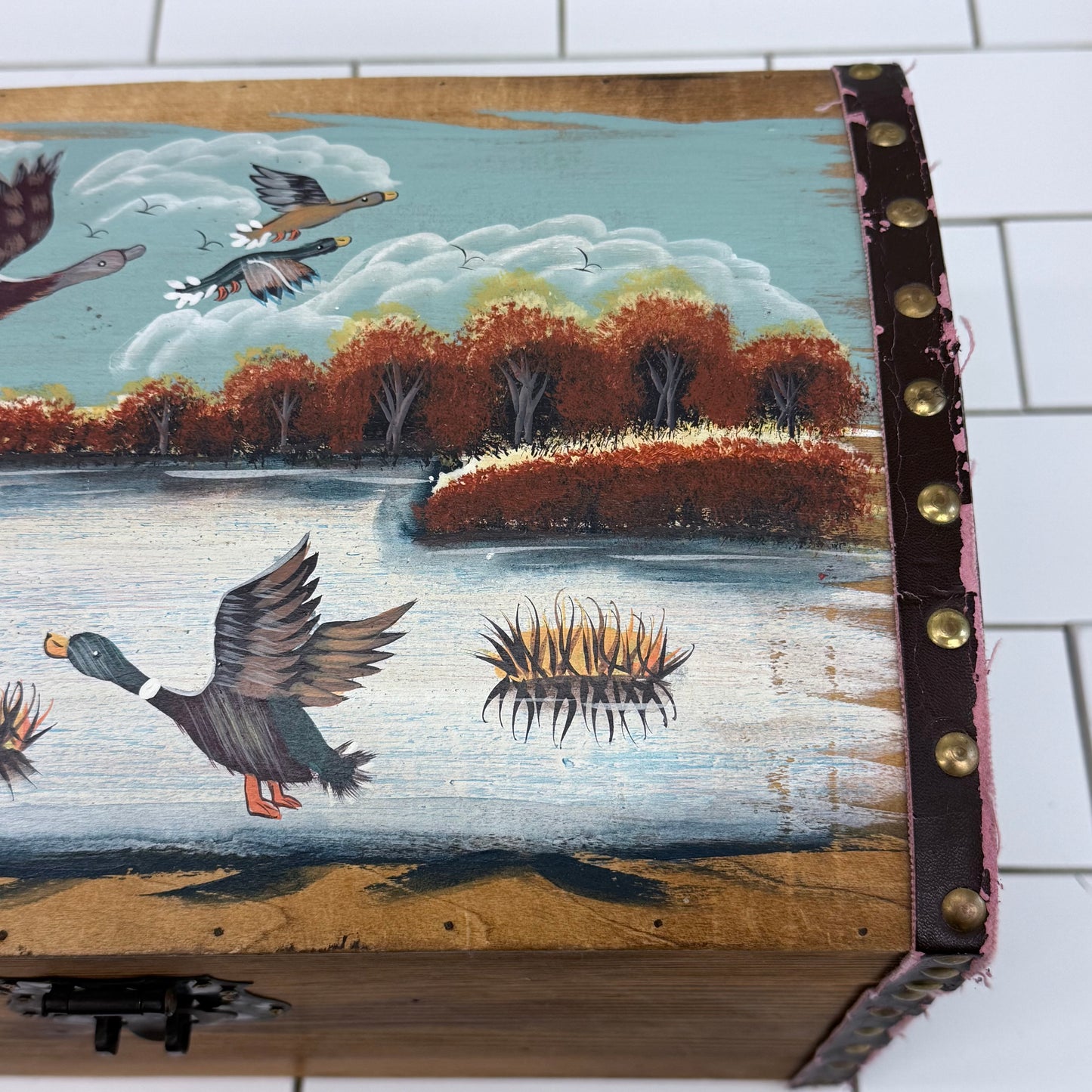 Hand Painted Duck Hunting Wooden Treasure Chest Storage Box Rustic