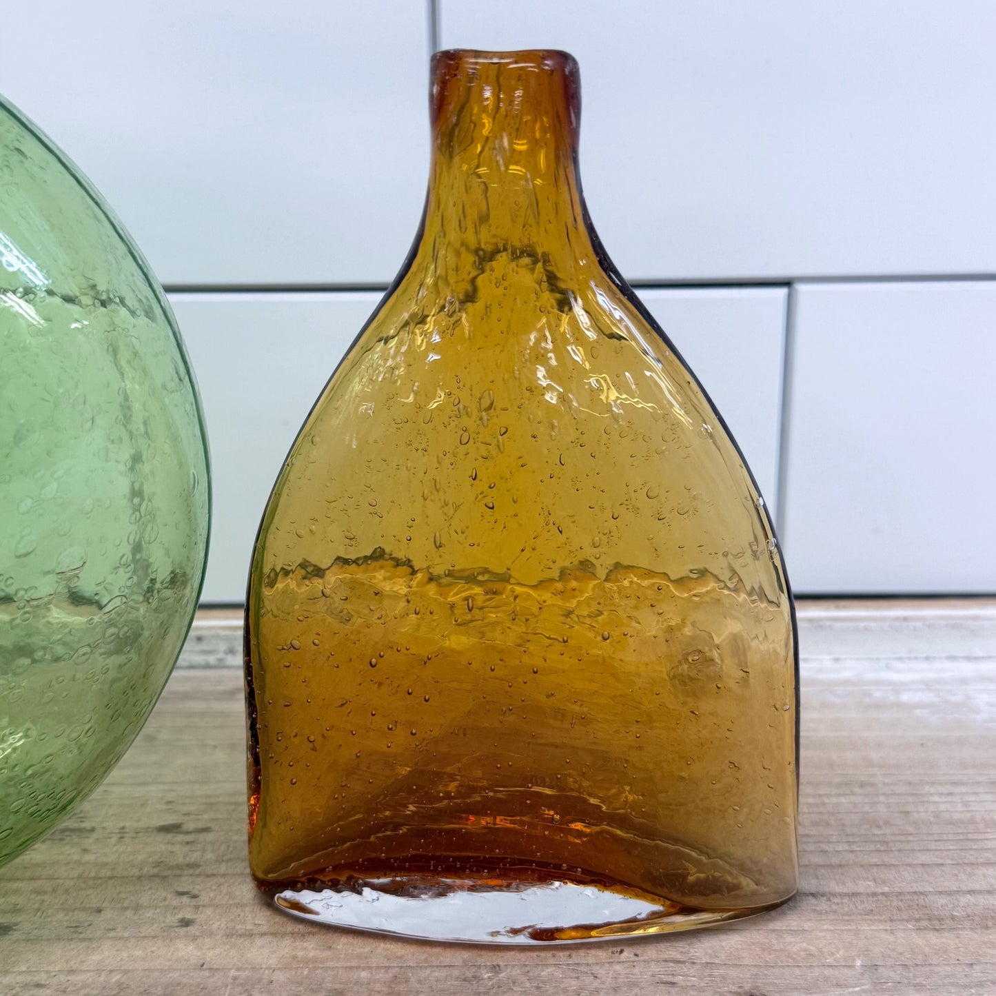 Mexican Seeded Art Glass Vases Green & Amber Hand Blown Set of 2