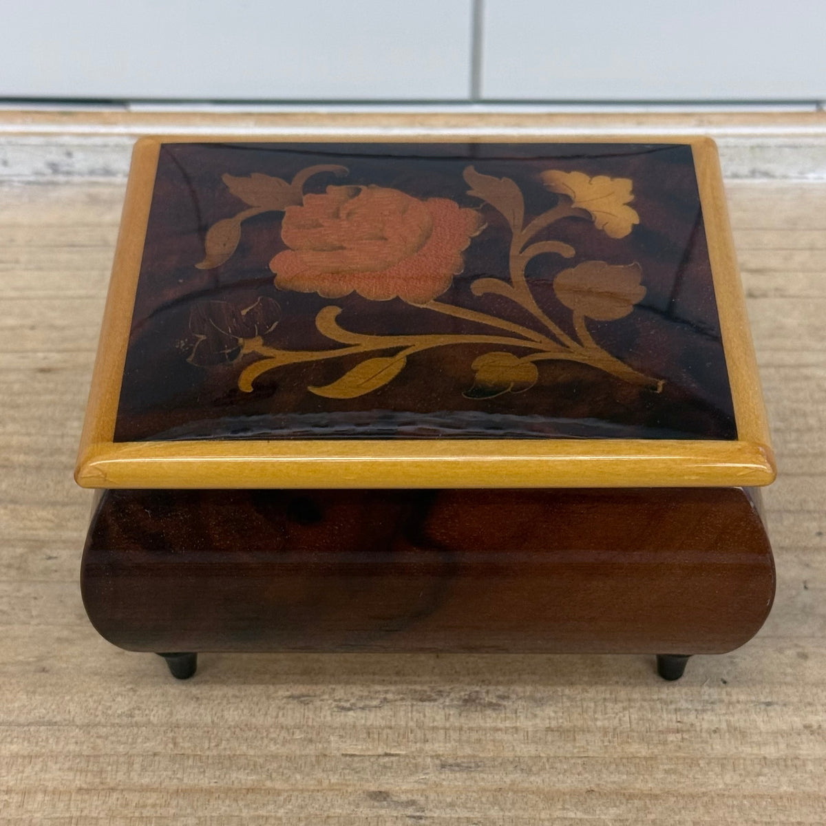 Italian Floral Inlay Music Box Reuge Vintage 1970s
