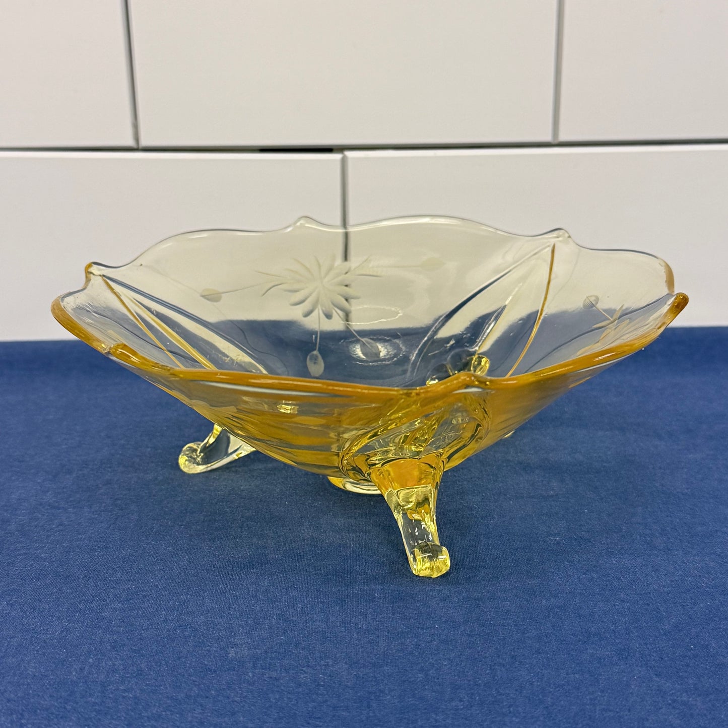 Lancaster Jubilee Amber Etched Floral Tripod Glass Bowl 1930s