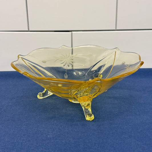 Lancaster Jubilee Amber Etched Floral Tripod Glass Bowl 1930s