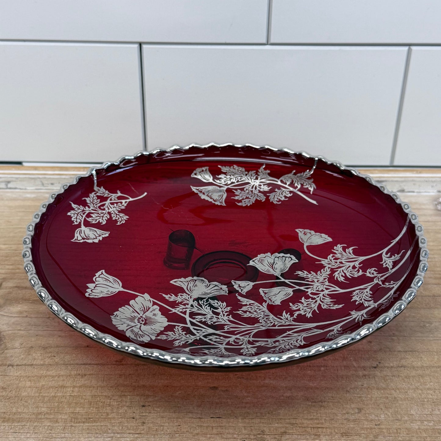Ruby Red Glass Centerpiece Silver Overlay Bowl Decor