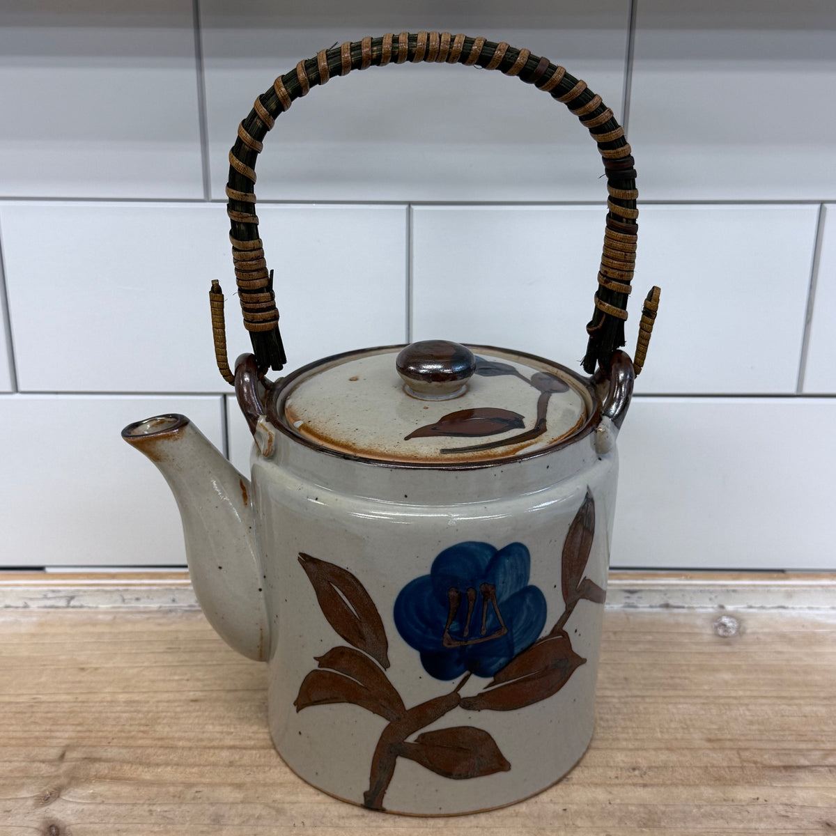 Japanese Stoneware Tea Set Blue Floral Teapot 7 Piece