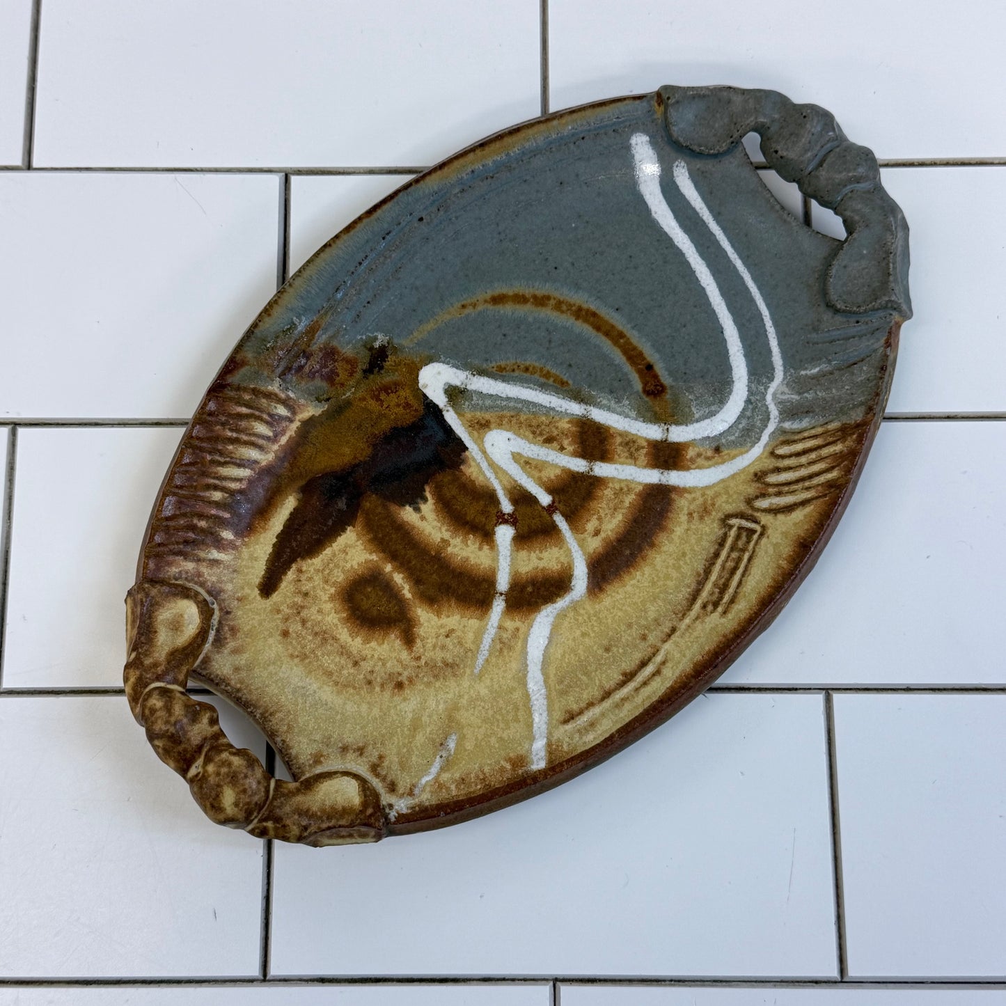 Signed Studio Art Pottery Abstract Handled Tray Stoneware