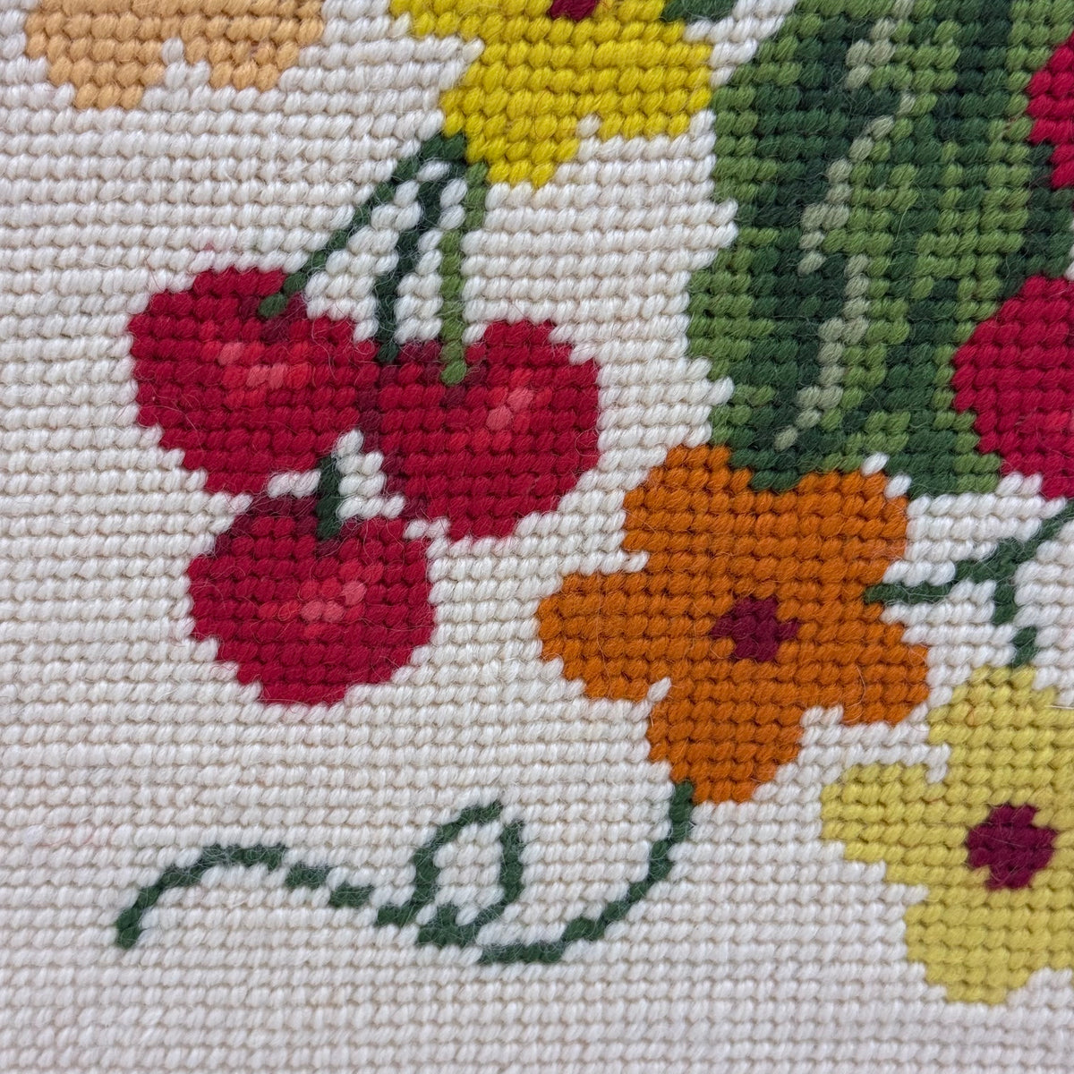 Cherries & Flowers Framed Embroidery Art Vintage 1970s