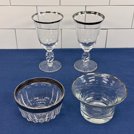 Imperial Glass Twist Goblets & Silver Banded Dishes Set of 4