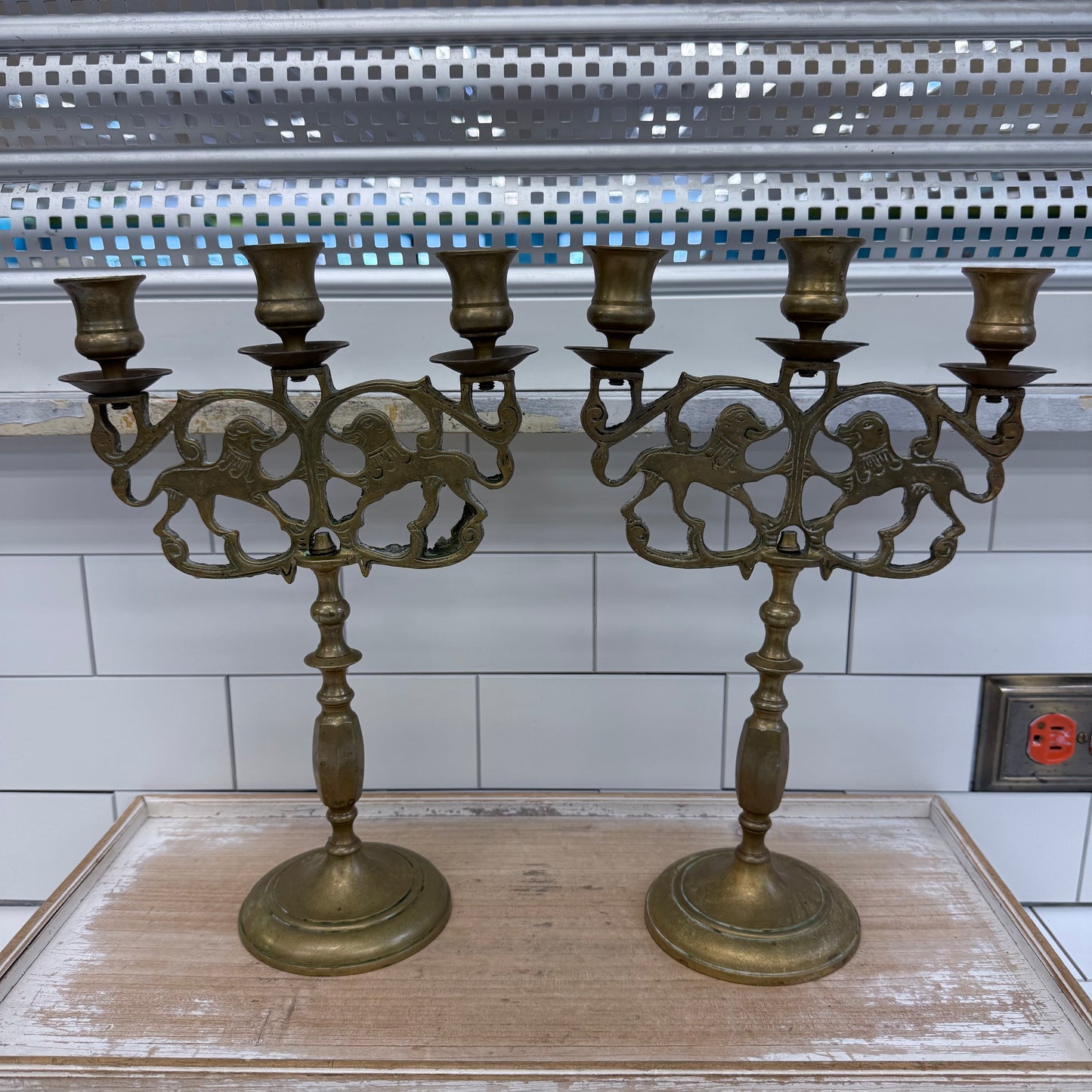 Lion of Judah candelabra Brass Three Light Set of 2