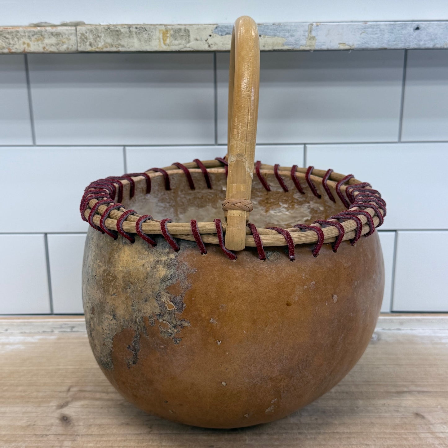 Handcrafted Signed Gourd Basket Bamboo Handle Folk Art 2000