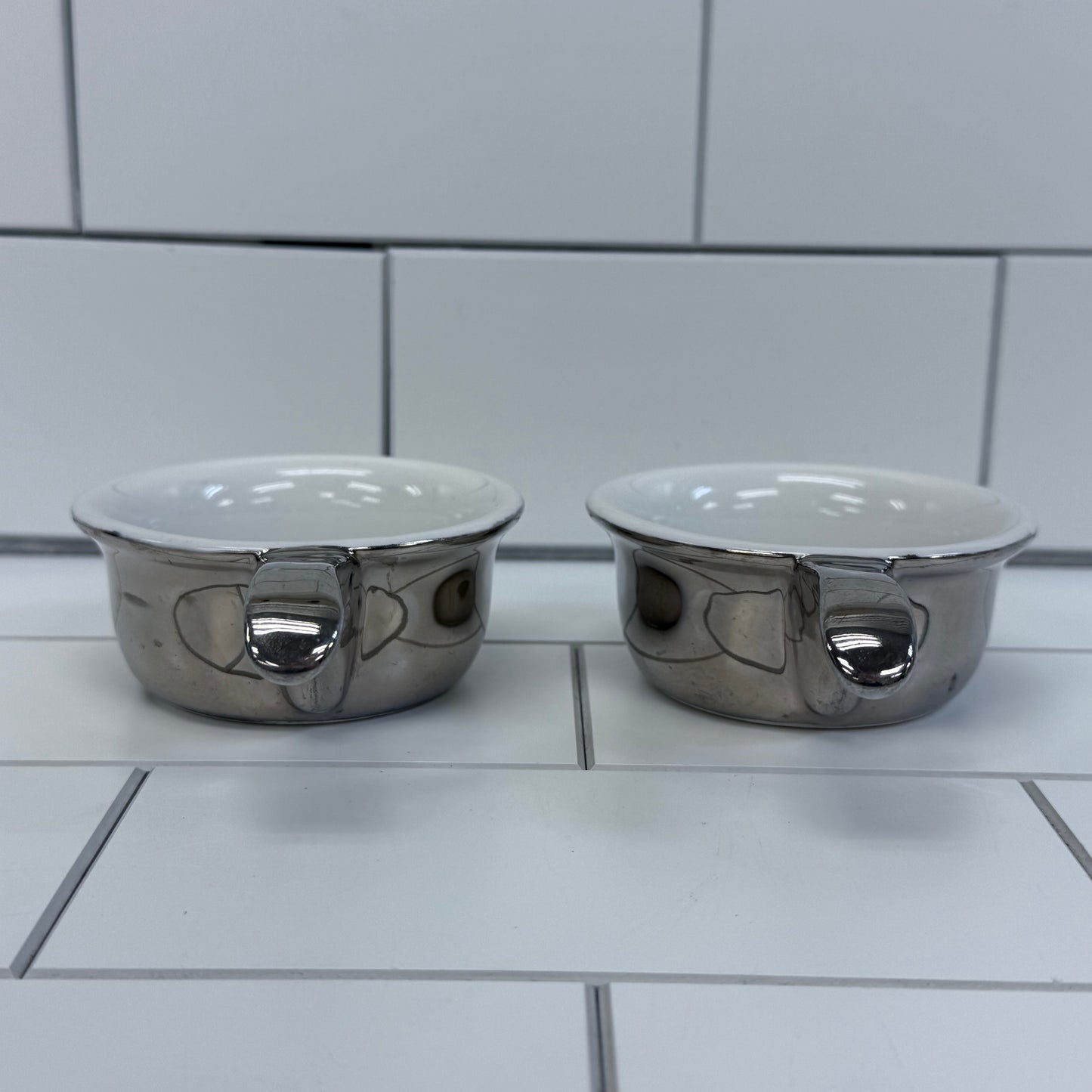 Royal Worcester Cocottes True Silver Lustre, Porcelain Set of 2