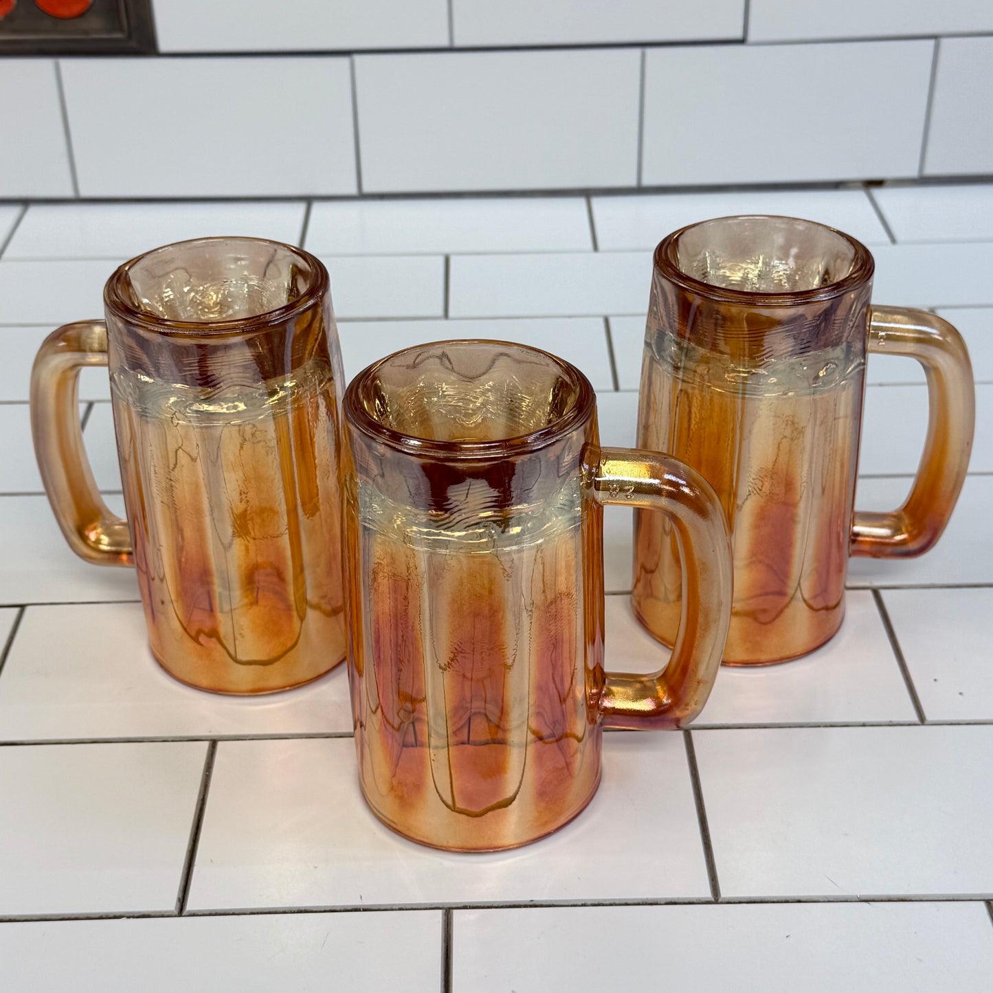 Jeannette Golden Oxen Carnival Glass Beer Mugs Set of 3