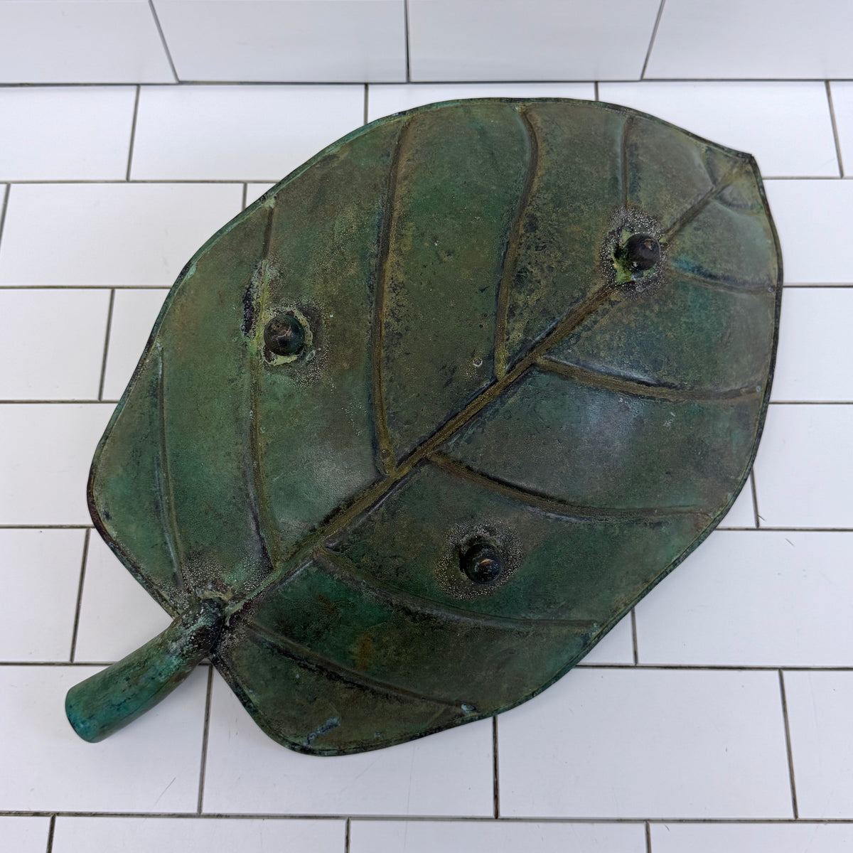 Large Green Metal Leaf Bowl Botanical Centerpiece Decor