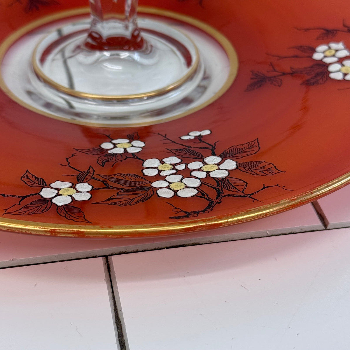 Art Deco Orange Floral Glass Serving Tray 1930s