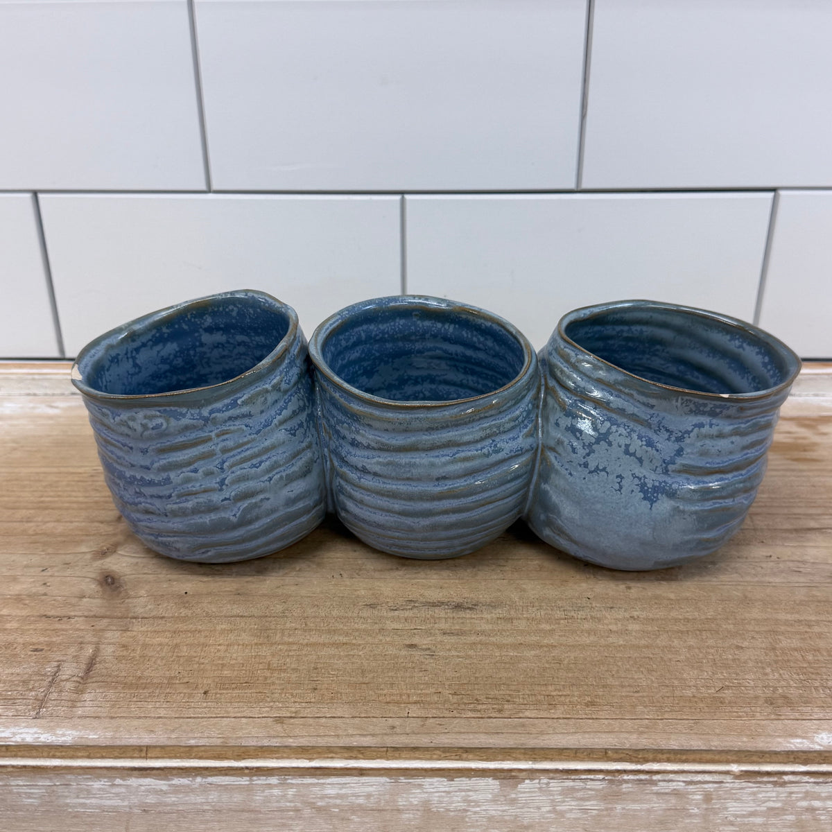 Rustic Wood Tray Bowl & Blue Ceramic Decor Set