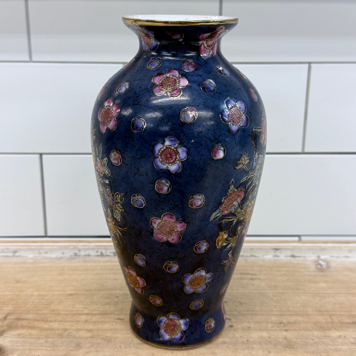 Cobalt Blue Floral Porcelain Vase Gold Trim Chinoiserie