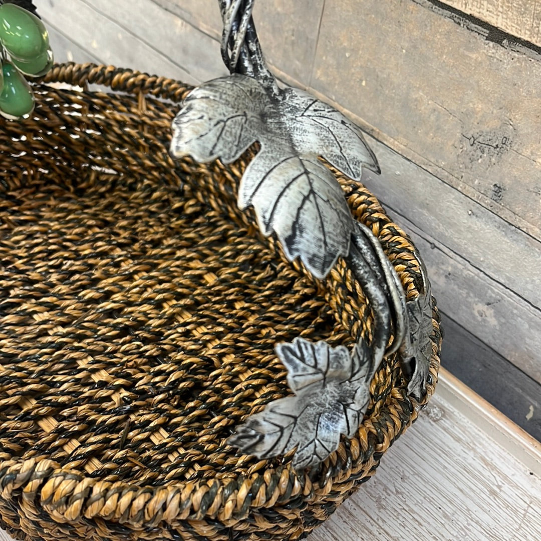 Elegant Woven Basket with Sculpted Metal Handle & Glass Grapes Accent