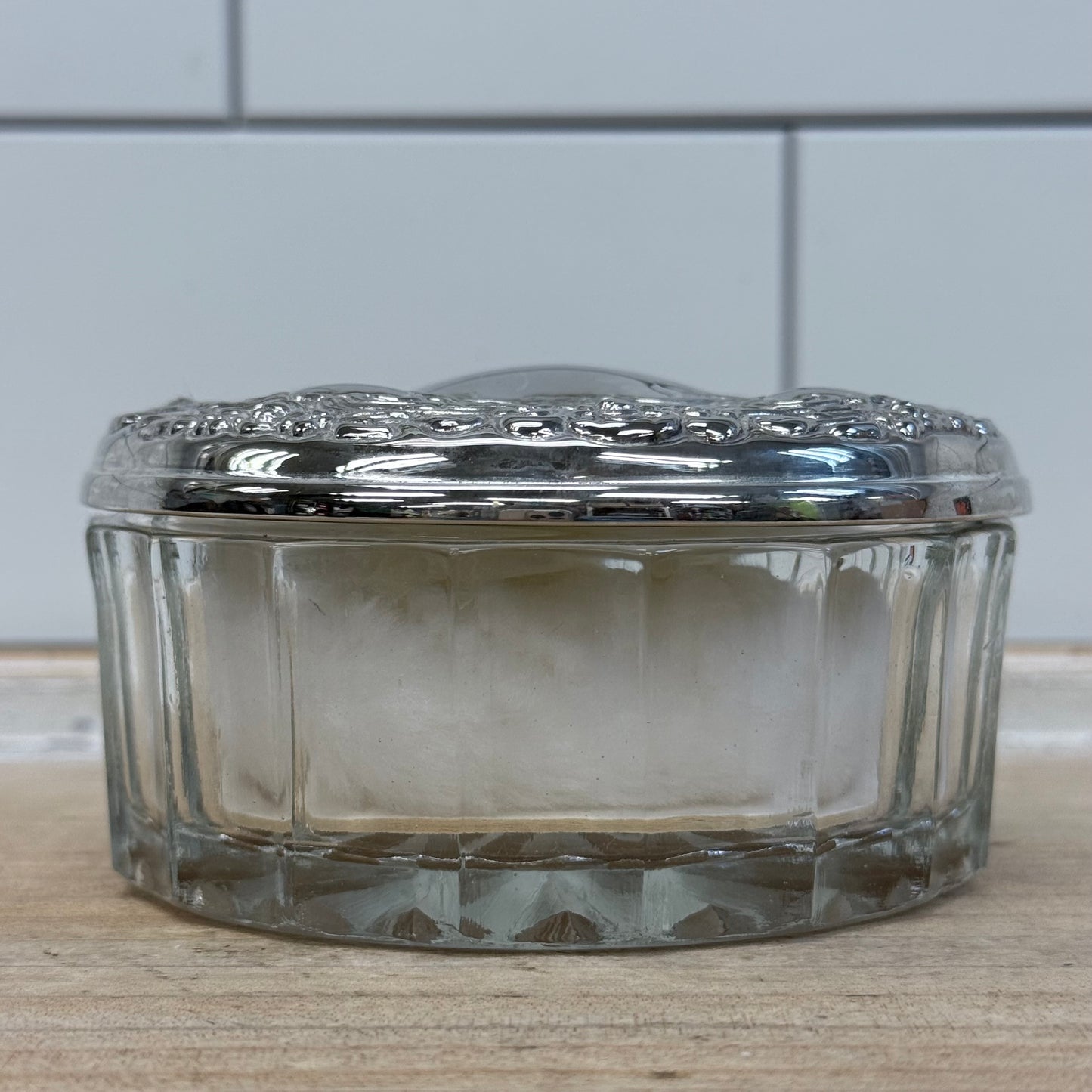 Glass Powder Jar, Silverplated Repoussé Lid
