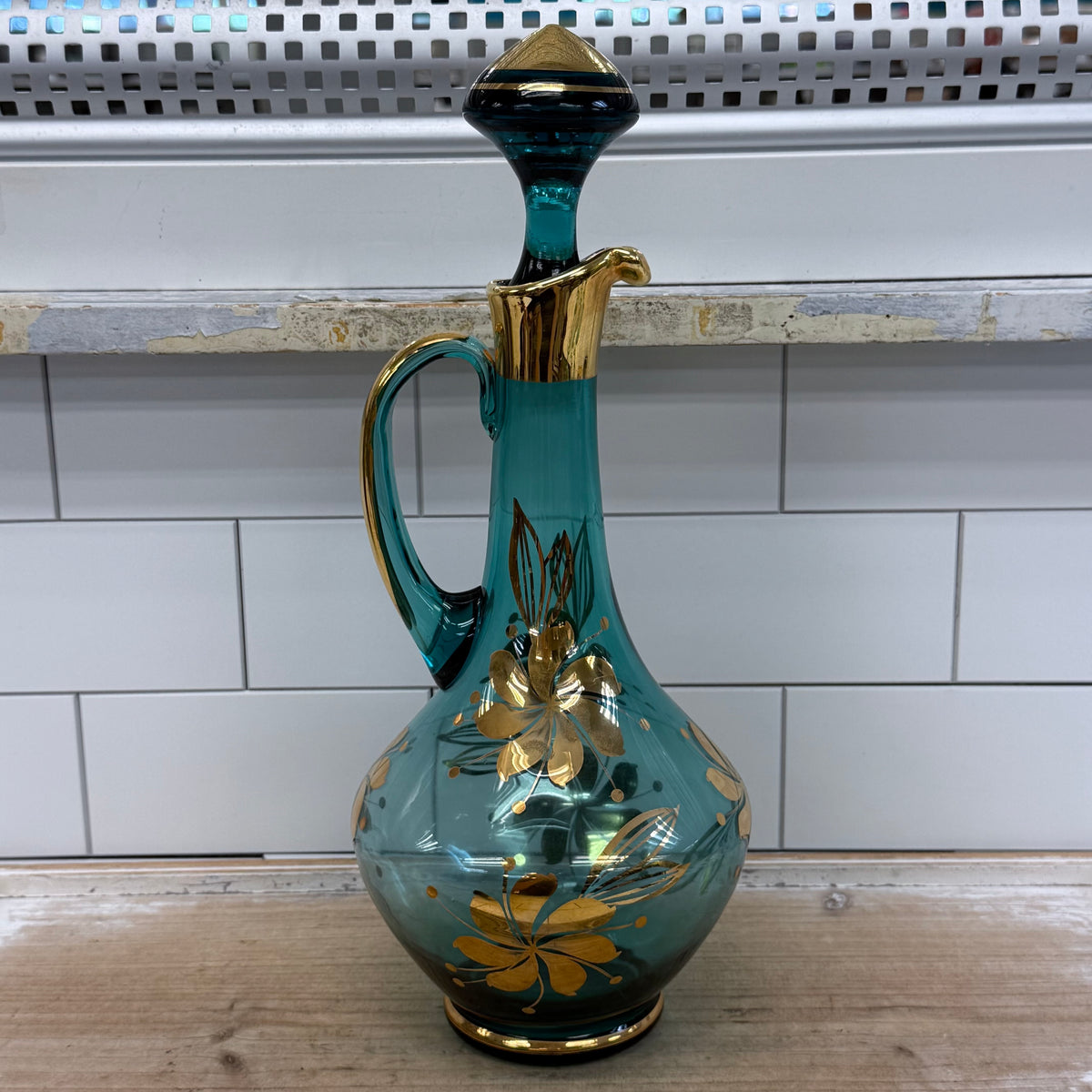 Italian Blue Glass Decanter & 6 Goblets Gold Floral Set