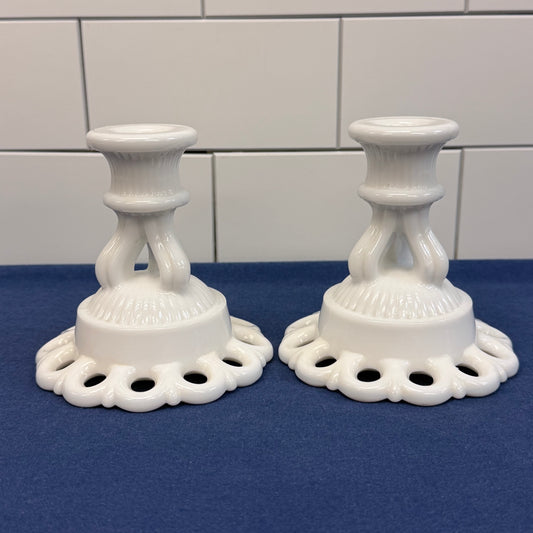 Westmoreland Doric Lace Candlestick Holders, Milk Glass
