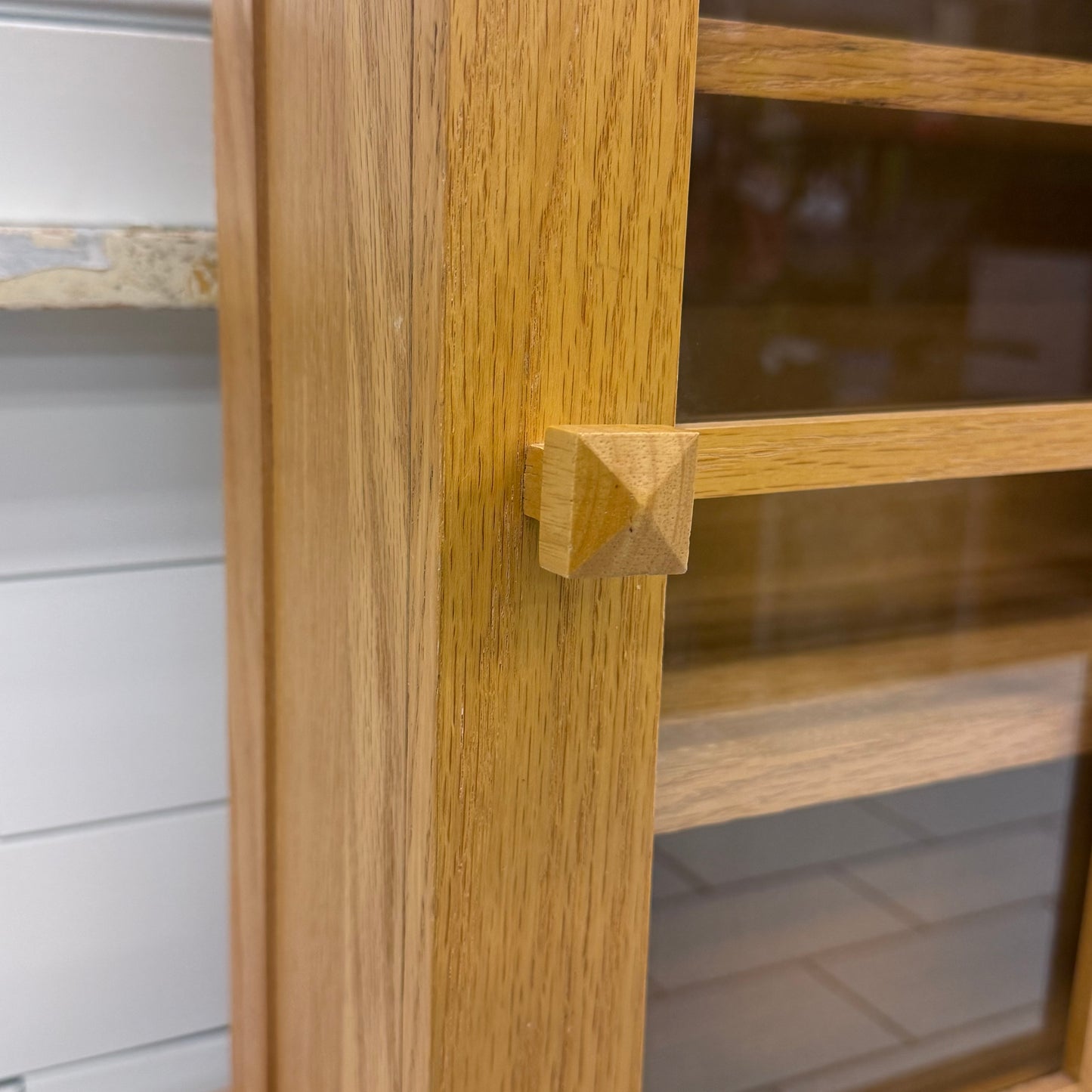 Wall Mounted Oak Curio Cabinet Glass Display Case Windowpane Door