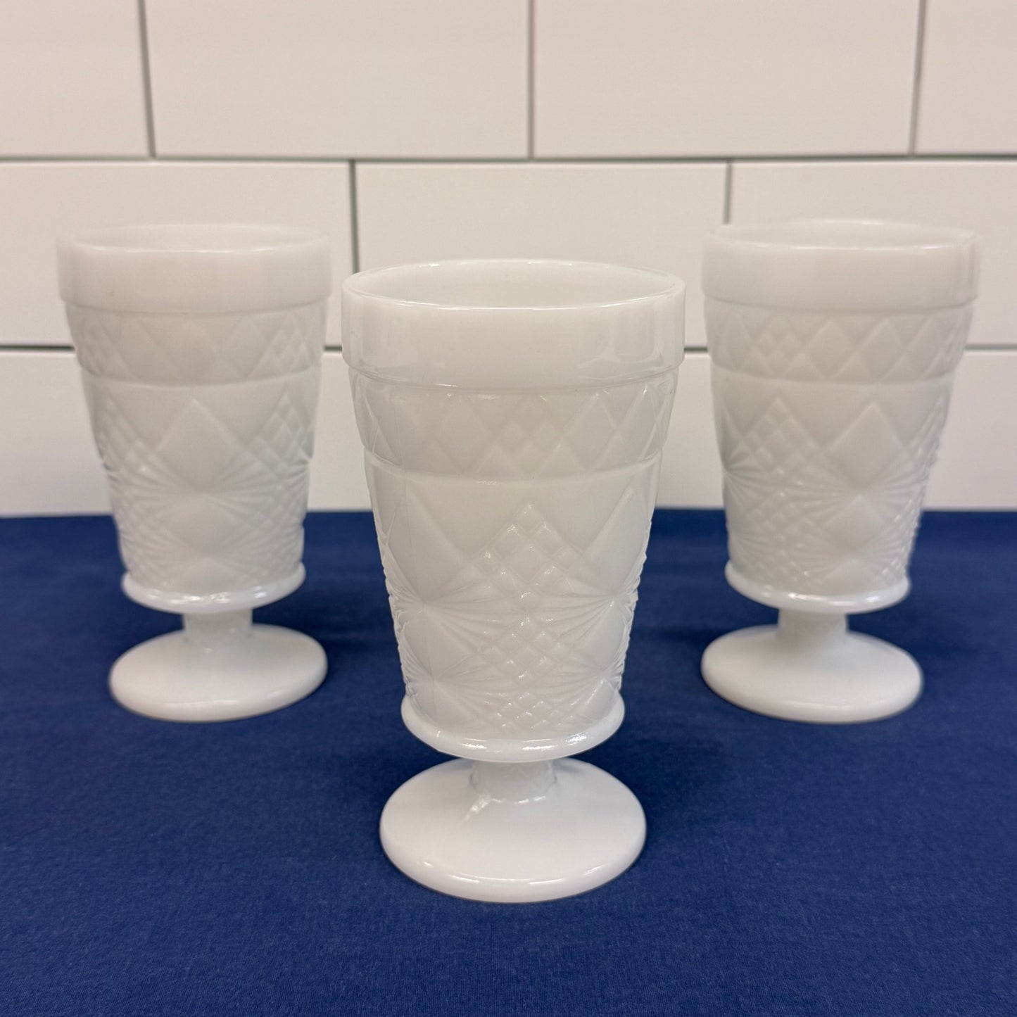 Hazel-Atlas Milk Glass Pedestal Goblets Set of 3 Vintage 1960s