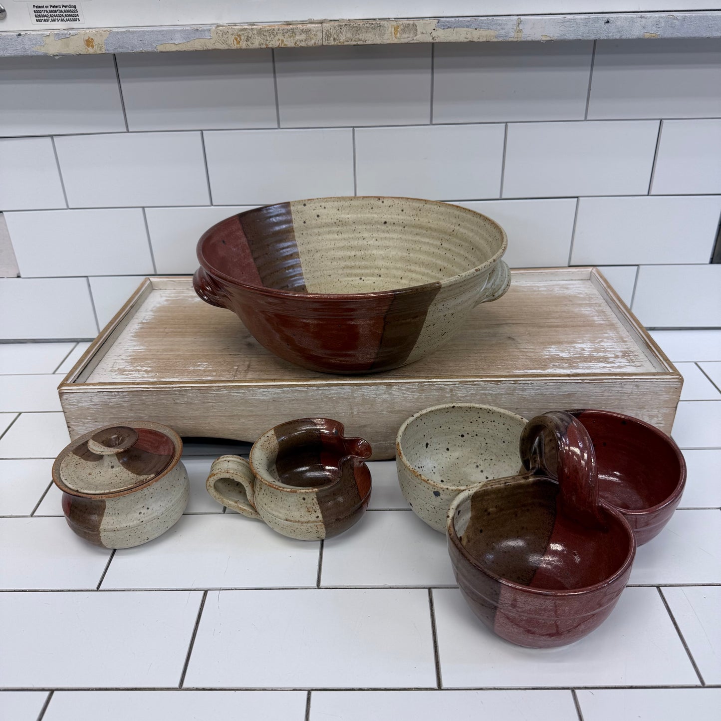 Studio Pottery Stoneware Set Burgundy & Beige Lot of 4