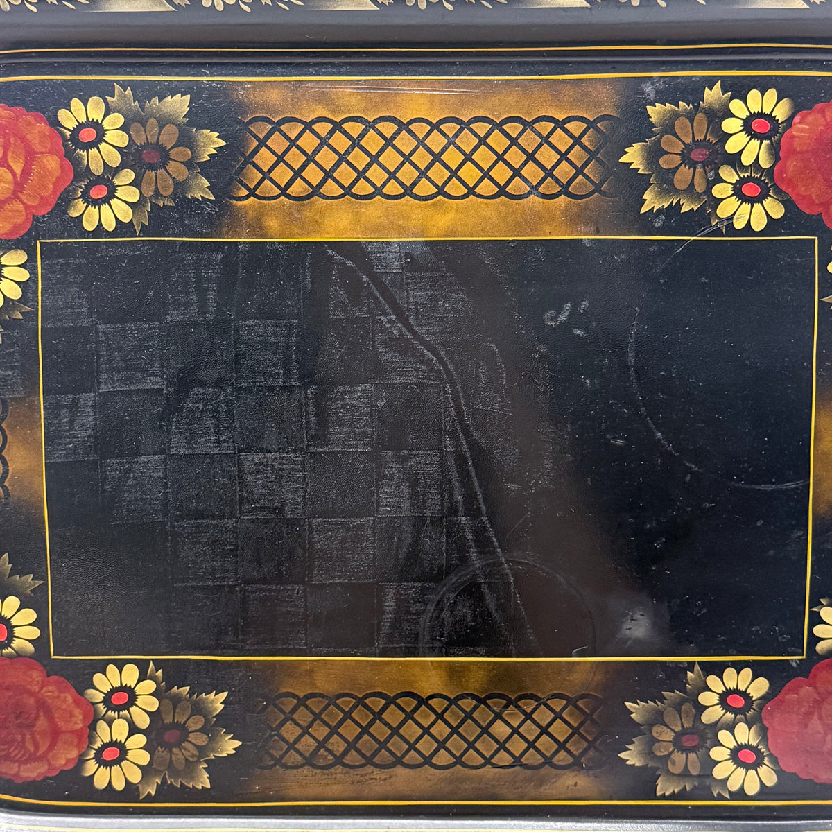 Floral Stenciled Tin Tray Black Gold Toleware Vintage 1970s