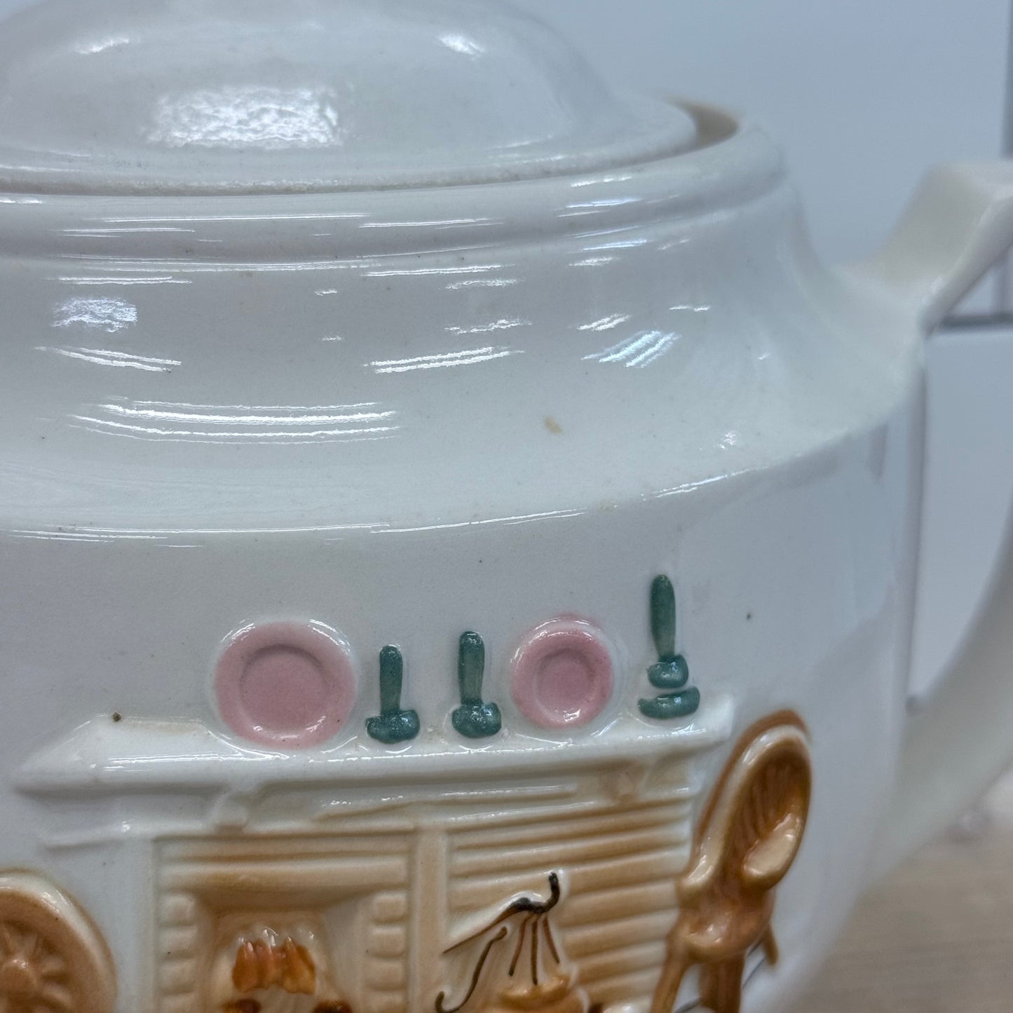 Porcelier Colonial Hearth Scene Vitreous China Teapot 1950s