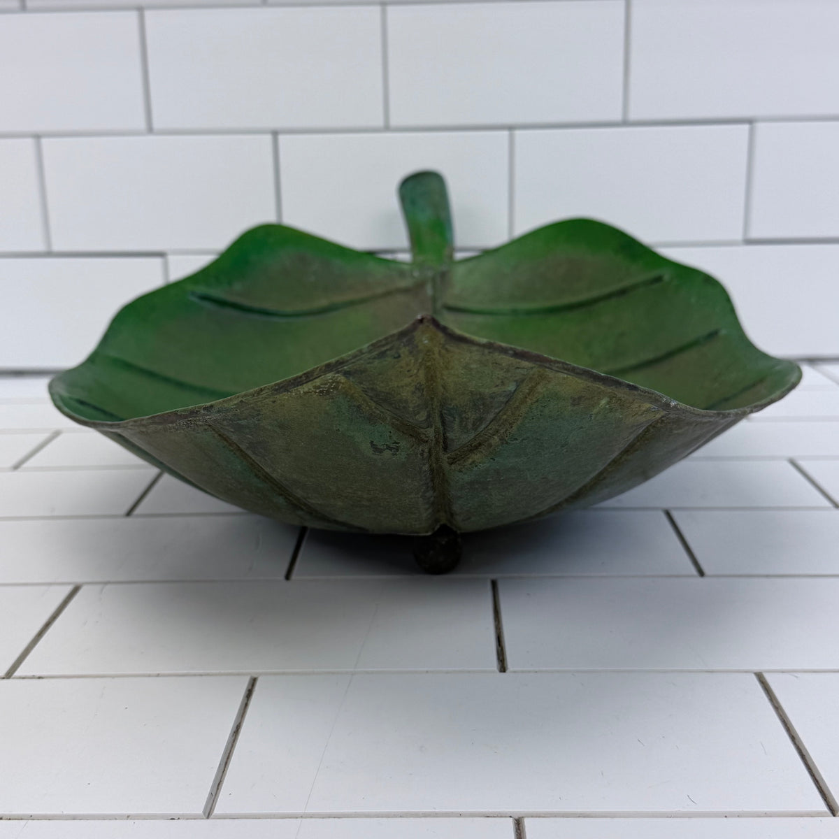 Large Green Metal Leaf Bowl Botanical Centerpiece Decor