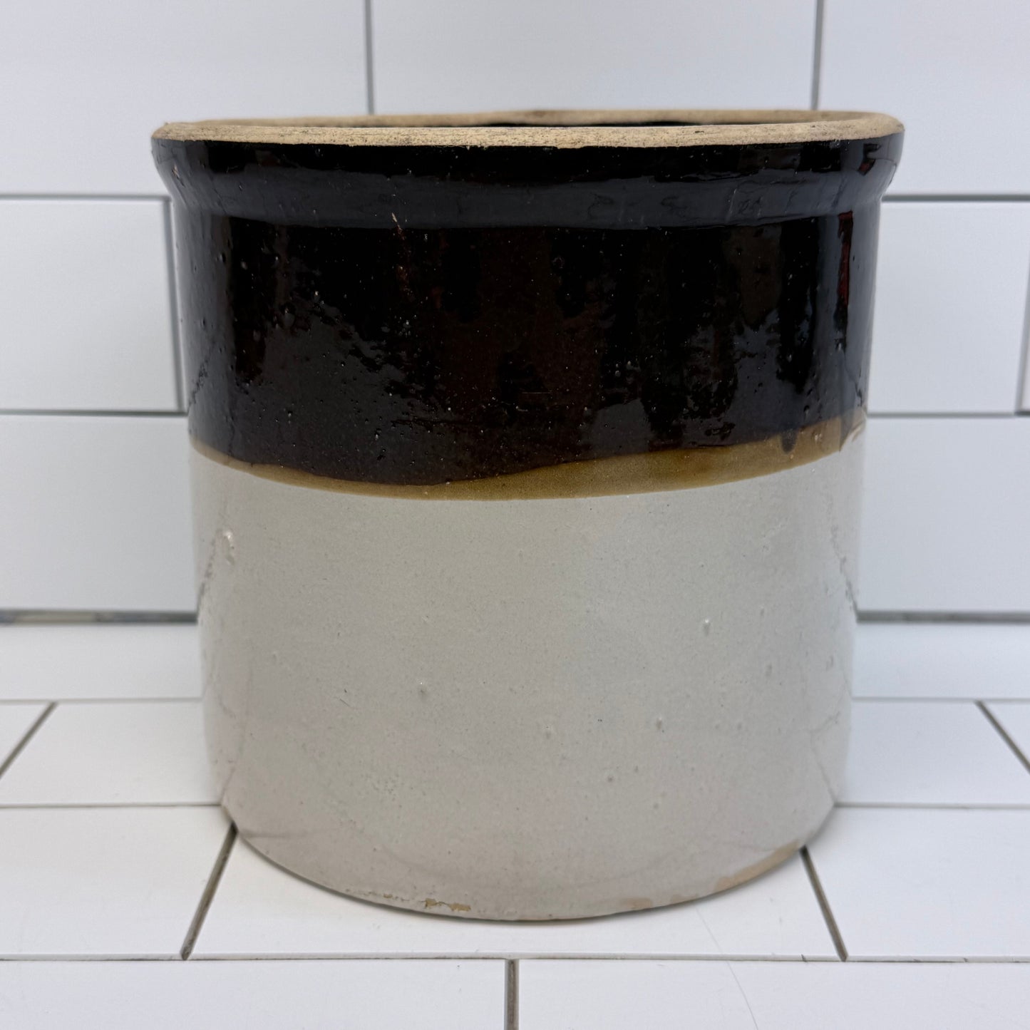 Vintage Two-Tone Glazed Stoneware Crock 1940s-1950s