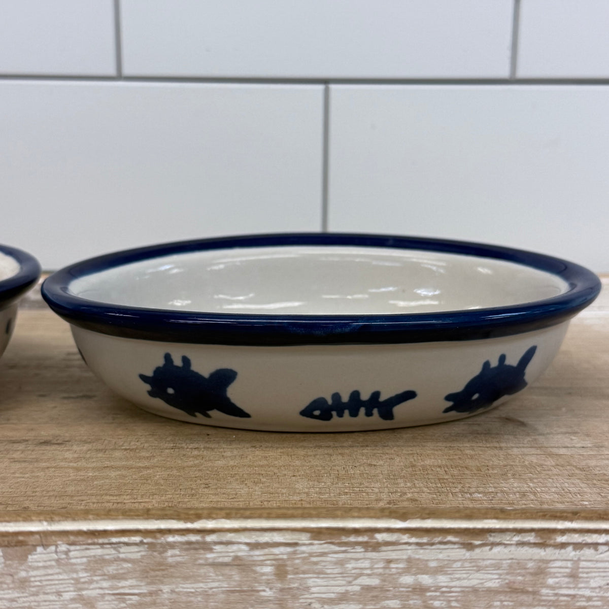 Blue & White Cat Pet Bowls Set of 2 Stoneware