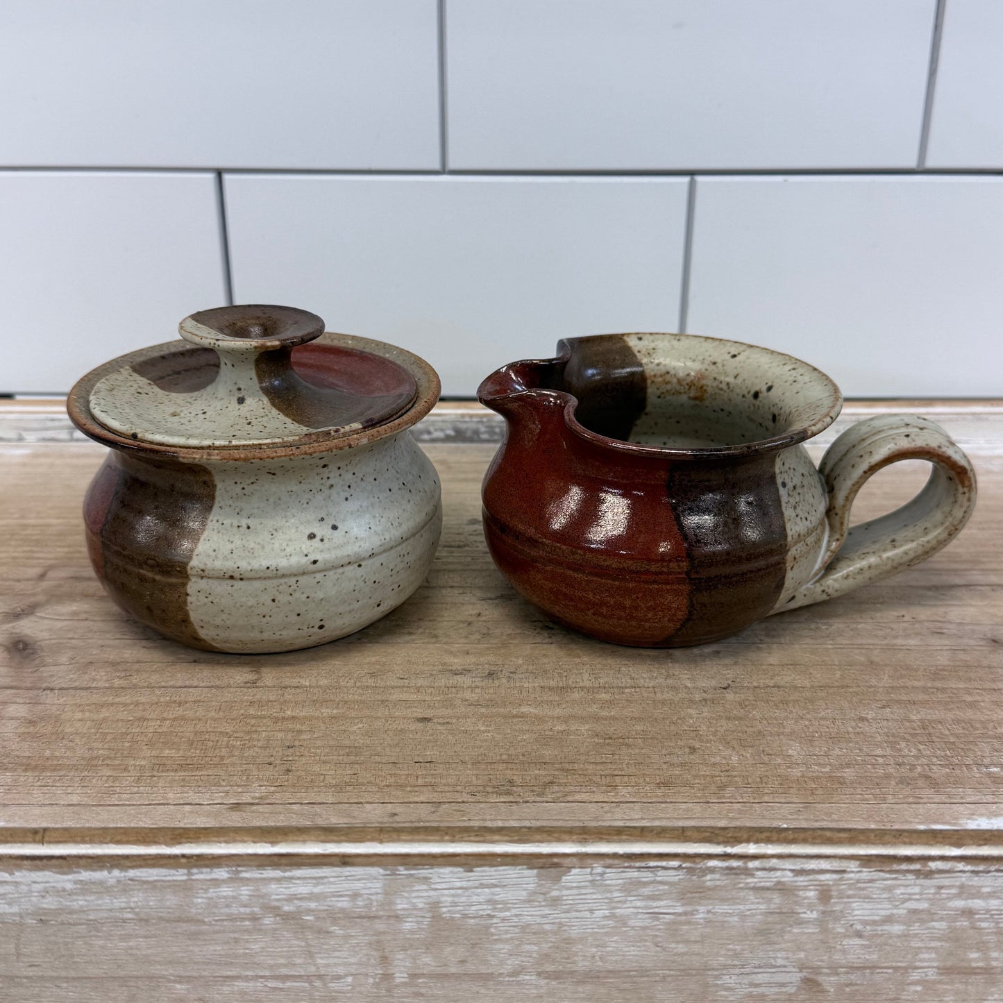 Studio Pottery Stoneware Set Burgundy & Beige Lot of 4