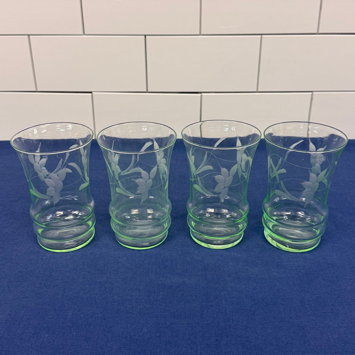 Pale Green Etched Leaf Glass Tumblers Set of 4