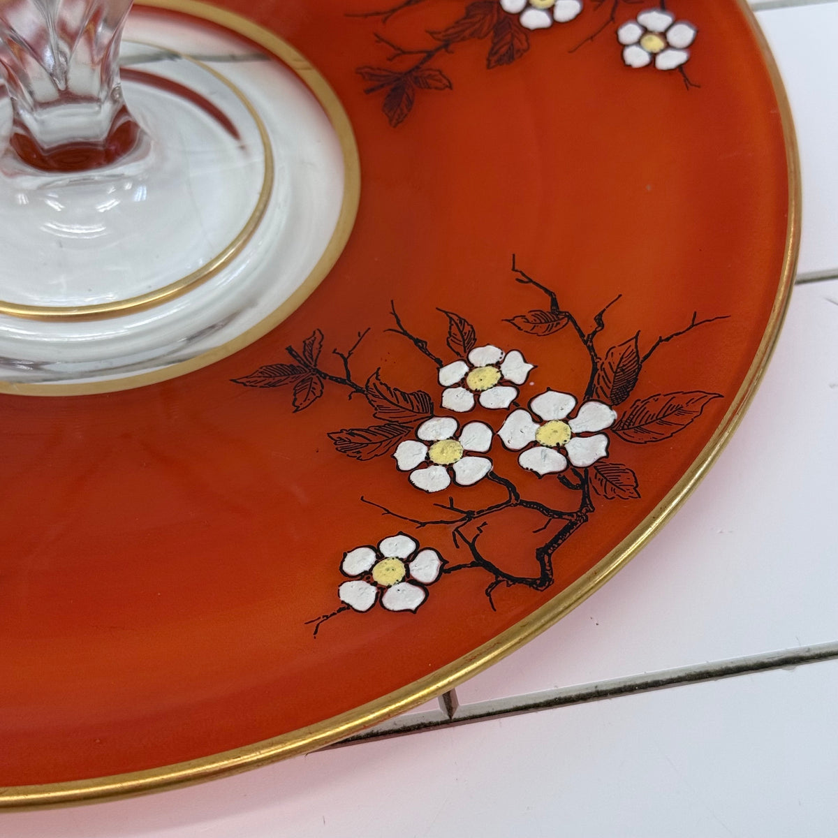 Art Deco Orange Floral Glass Serving Tray 1930s