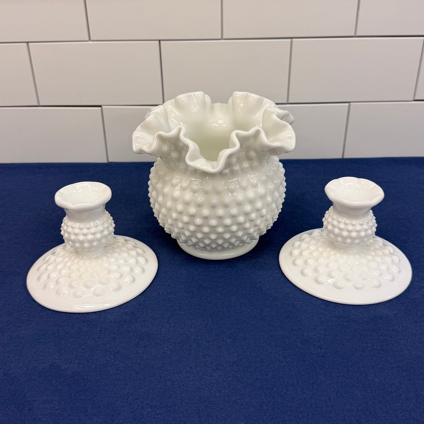 Fenton Hobnail Milk Glass Vase & Candlestick Set of 3 1950-70