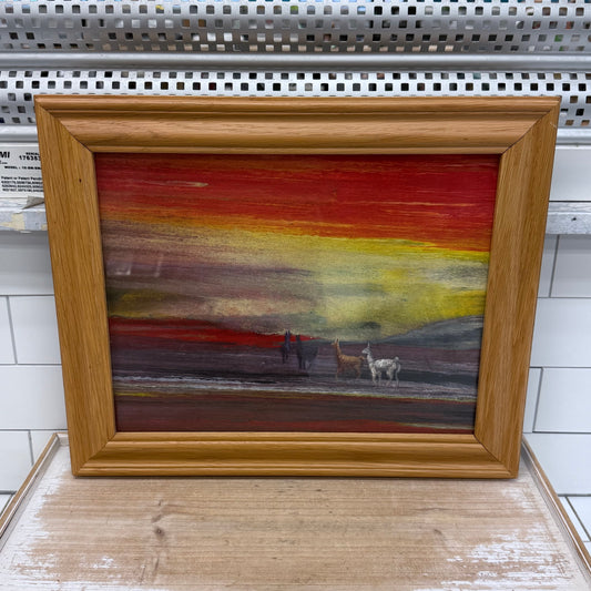 Original Llama Desert Sunset Painting Framed Canvas