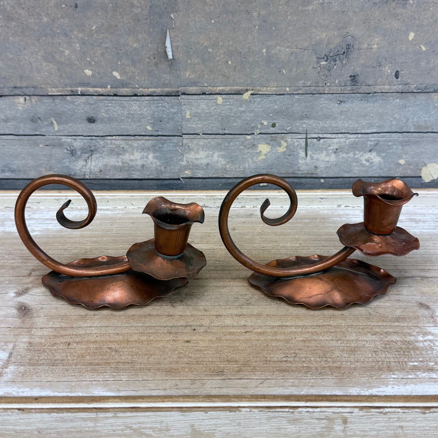 Gregorian Copper Arts & Crafts Candlestick Holders, Set of 2