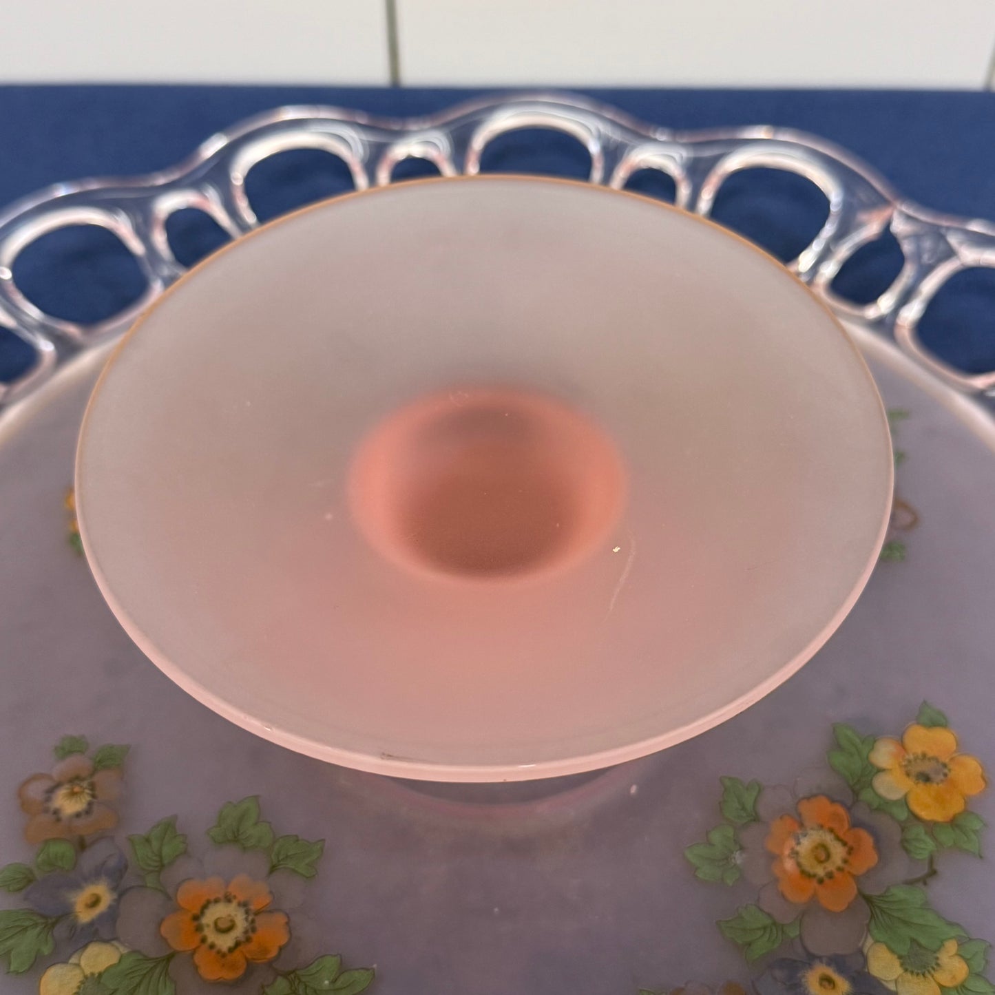 Pink Frosted Glass Floral Openwork Handled Serving Plate