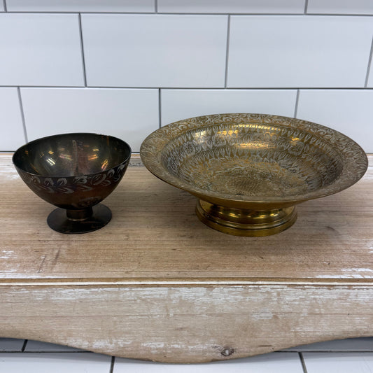 Etched Floral Brass Compotes Set of 2 Vintage Pedestal Bowls