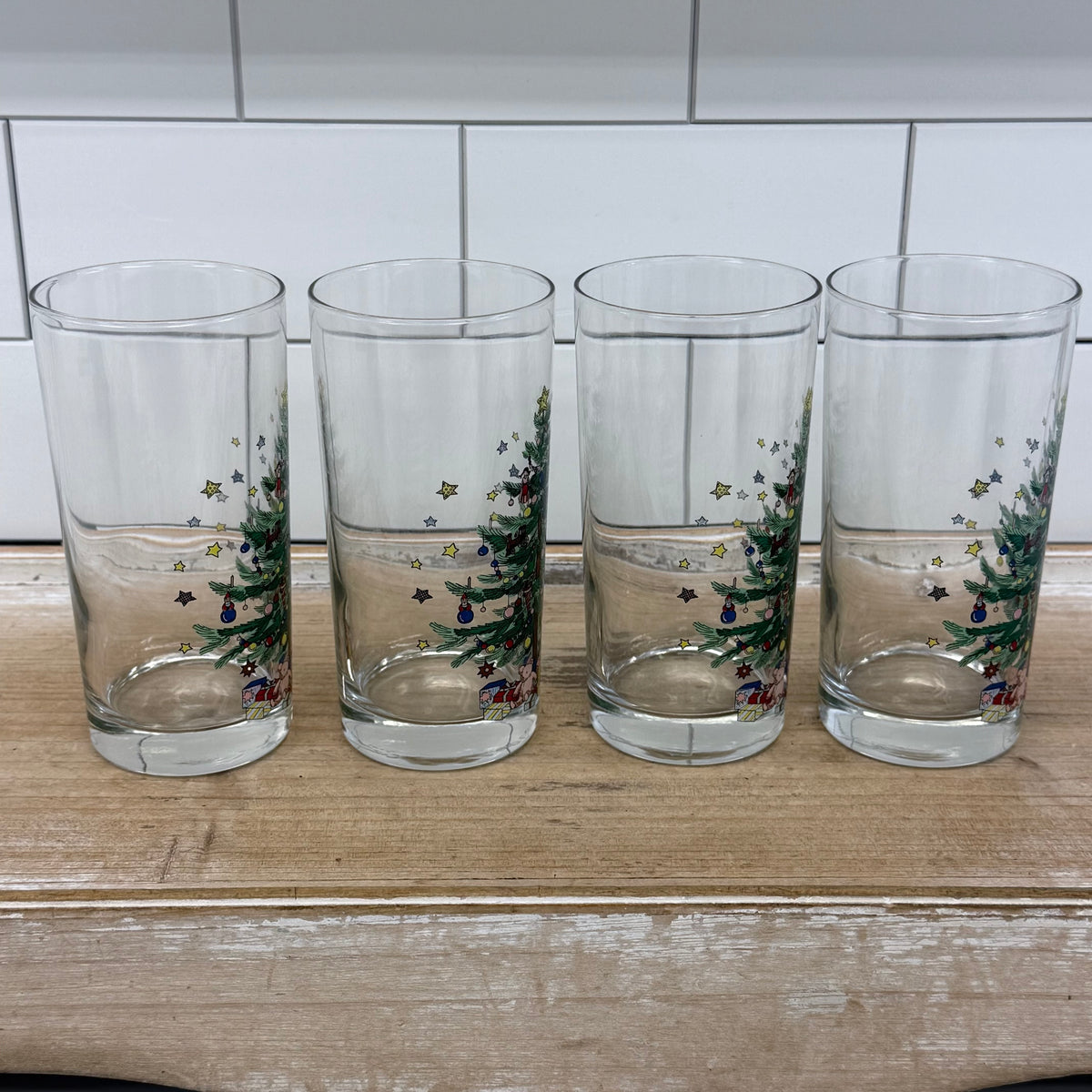 Nikko Christmas Tree Teddy Bear Highball Glass Tumblers Set of 4