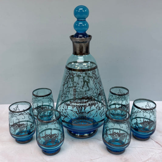 Venetian Glass Decanter & Cordial Glass, 7 Piece